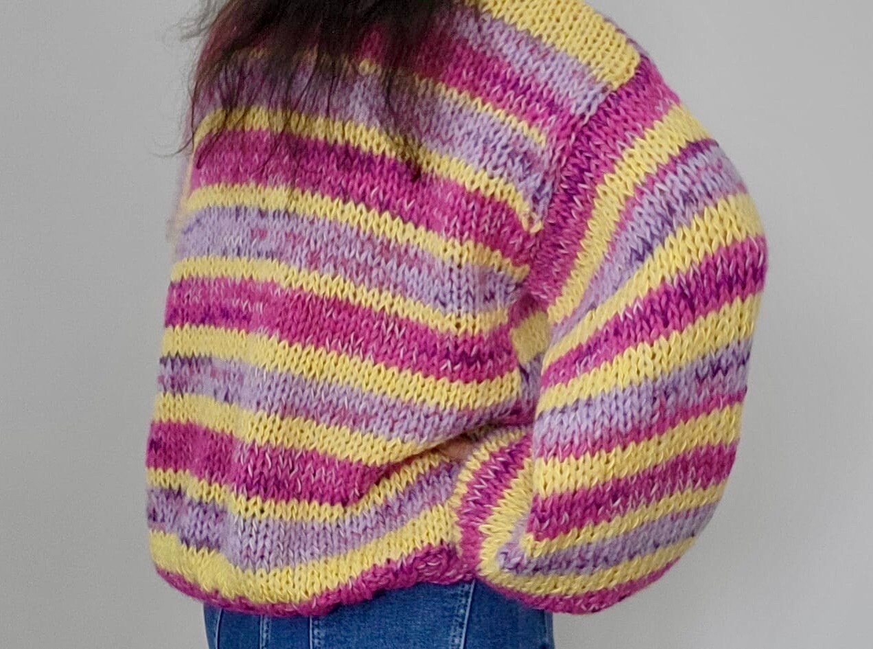 LISE Alpaca Mohair Cardigan, Relaxed Fit, Hand Knit, Striped Cardigan, Colourful Cardigan, Multicolor Cardigan, Violet & Yellow