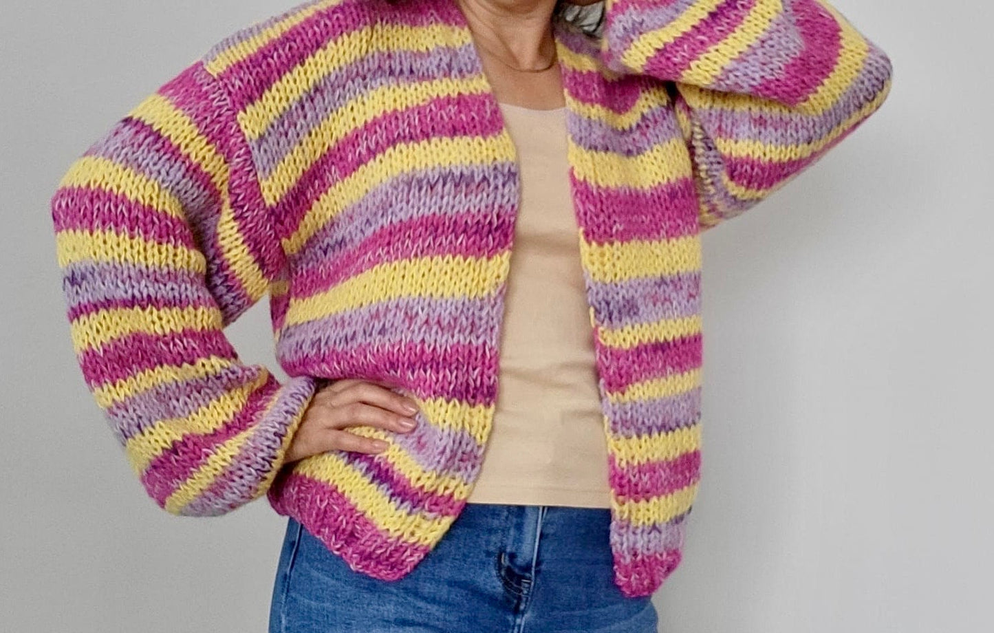 LISE Alpaca Mohair Cardigan, Relaxed Fit, Hand Knit, Striped Cardigan, Colourful Cardigan, Multicolor Cardigan, Violet & Yellow