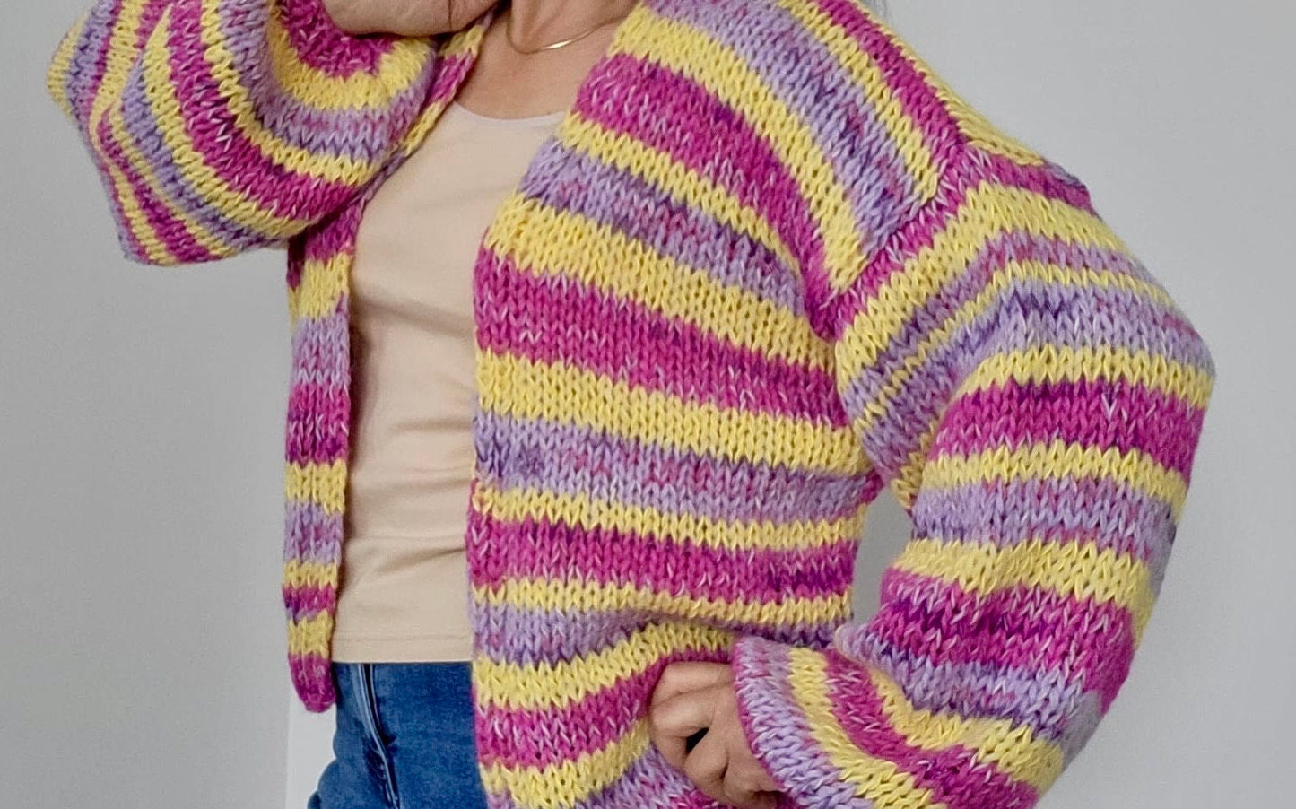 LISE Alpaca Mohair Cardigan, Relaxed Fit, Hand Knit, Striped Cardigan, Colourful Cardigan, Multicolor Cardigan, Violet & Yellow