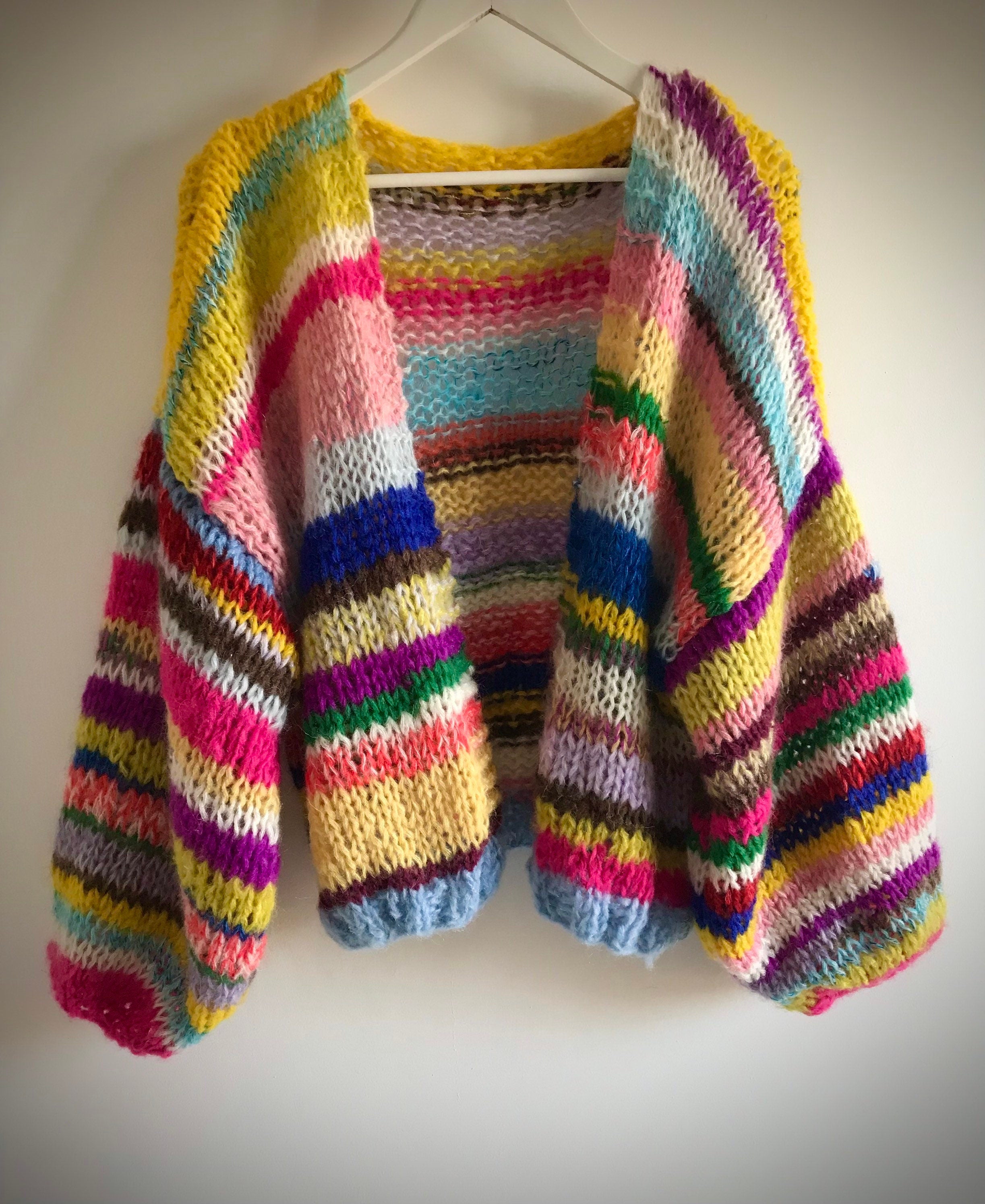 JOY Oversized Rainbow Cardigan Hand Knit Sweater with Balloon