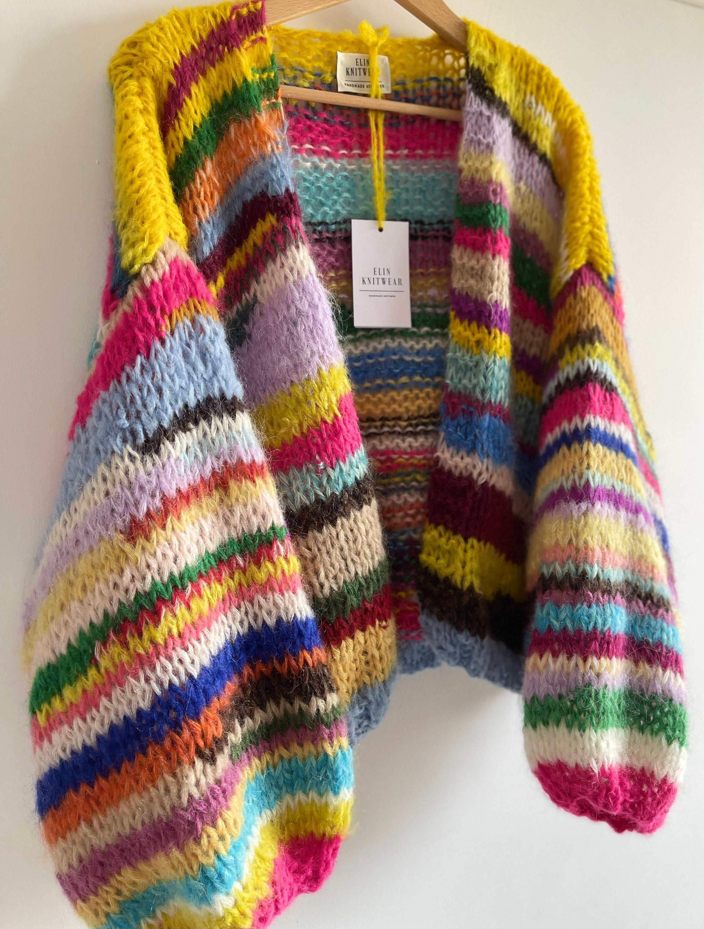 JOY Oversized Rainbow Cardigan Hand Knit Sweater with Balloon