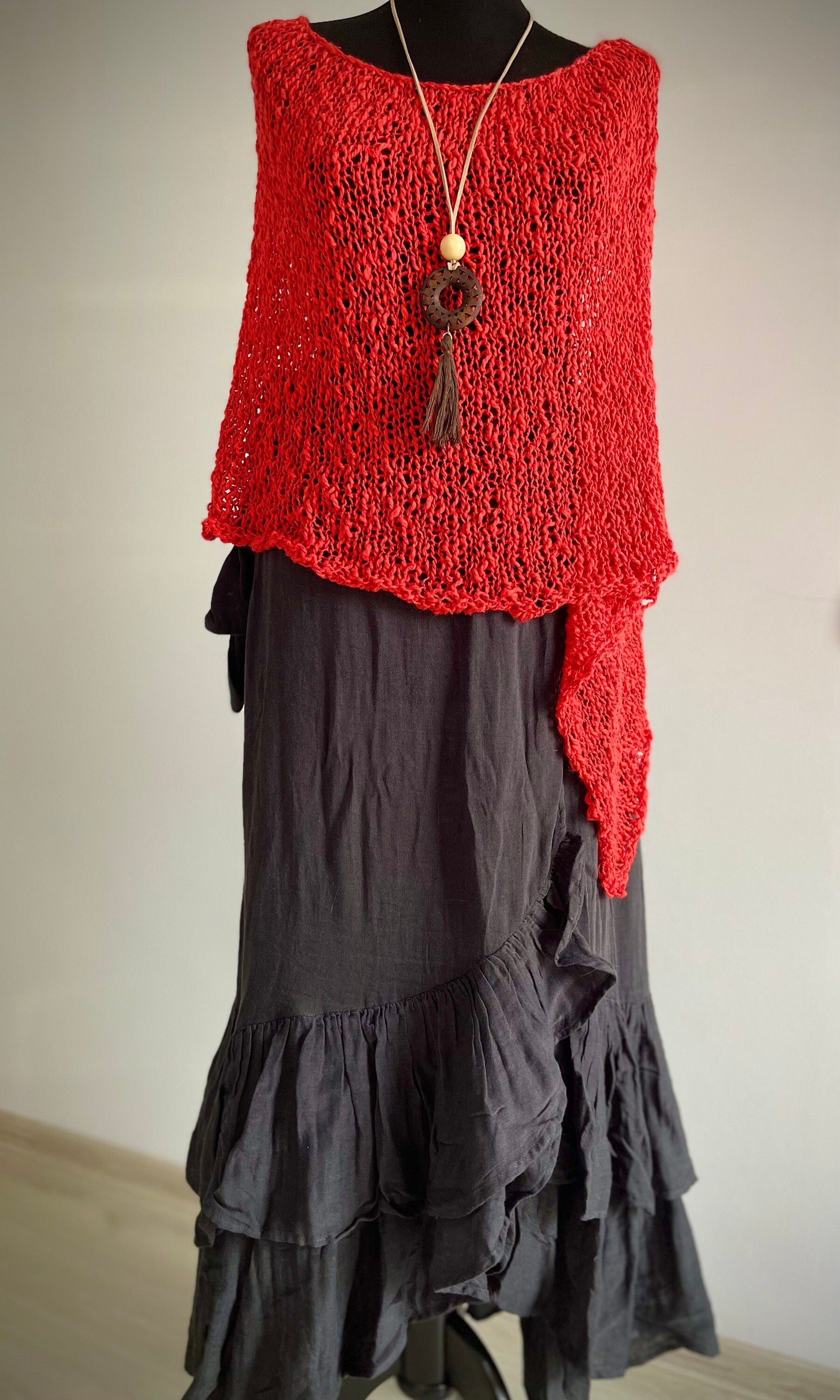 Summer Red Poncho, Hand Knit Shrug | Loose Knit, Summer Wrap