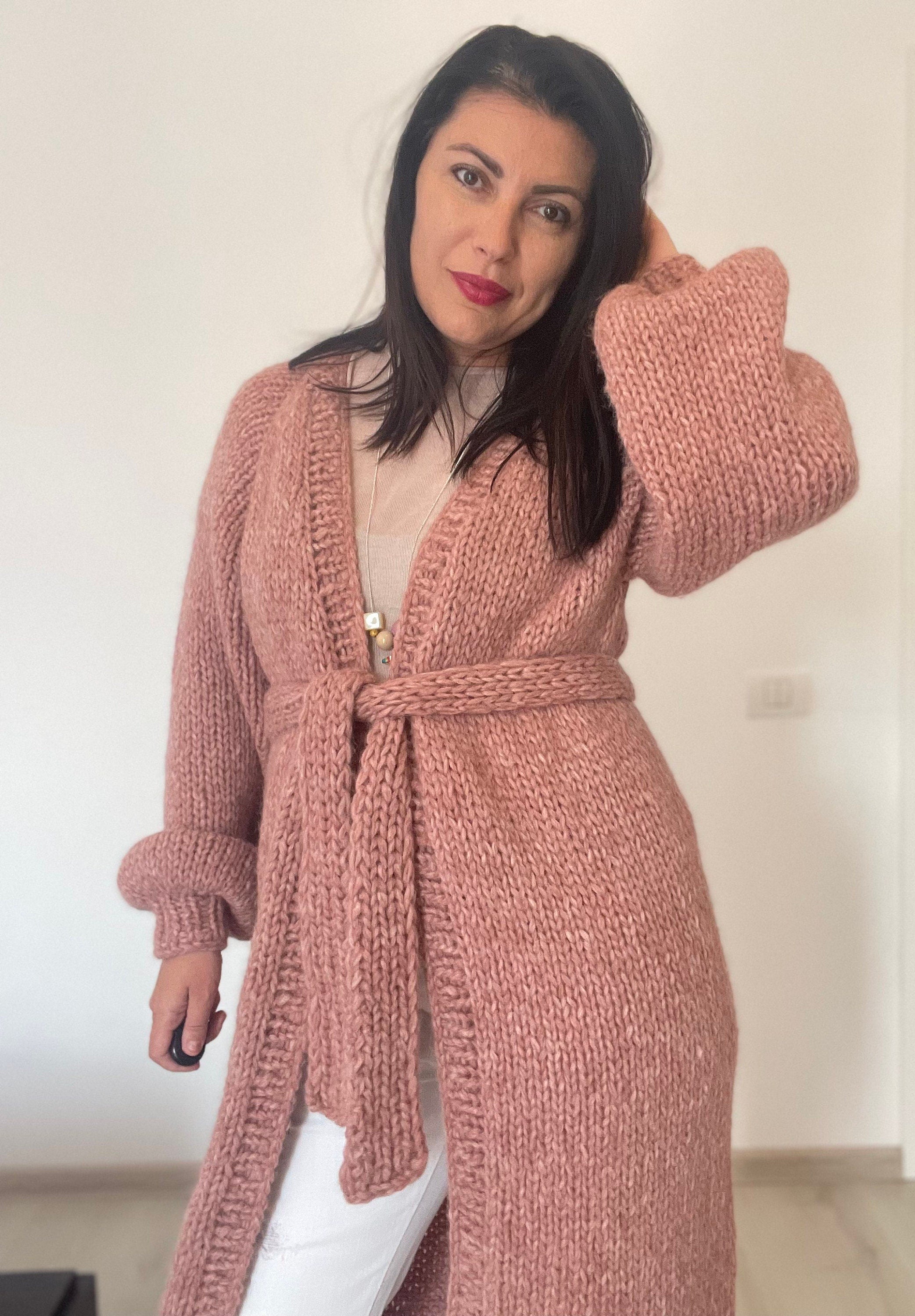 LARA Long Knit Cardigan with Belt, Pink Blush Cardigan