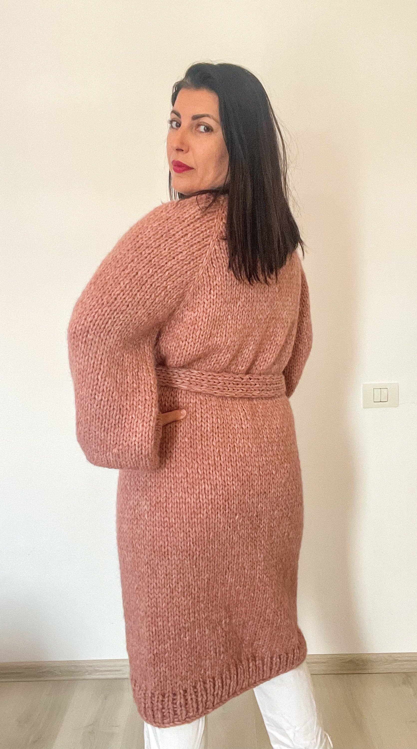 LARA Long Knit Cardigan with Belt, Pink Blush Cardigan, Alpaca 